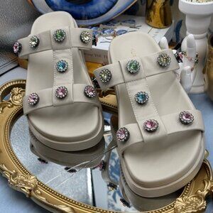 🆕 KURT GEIGER LONDON 🧿 NWOB White Orson Flower Power Slide Sandals, Sz39 US8.5